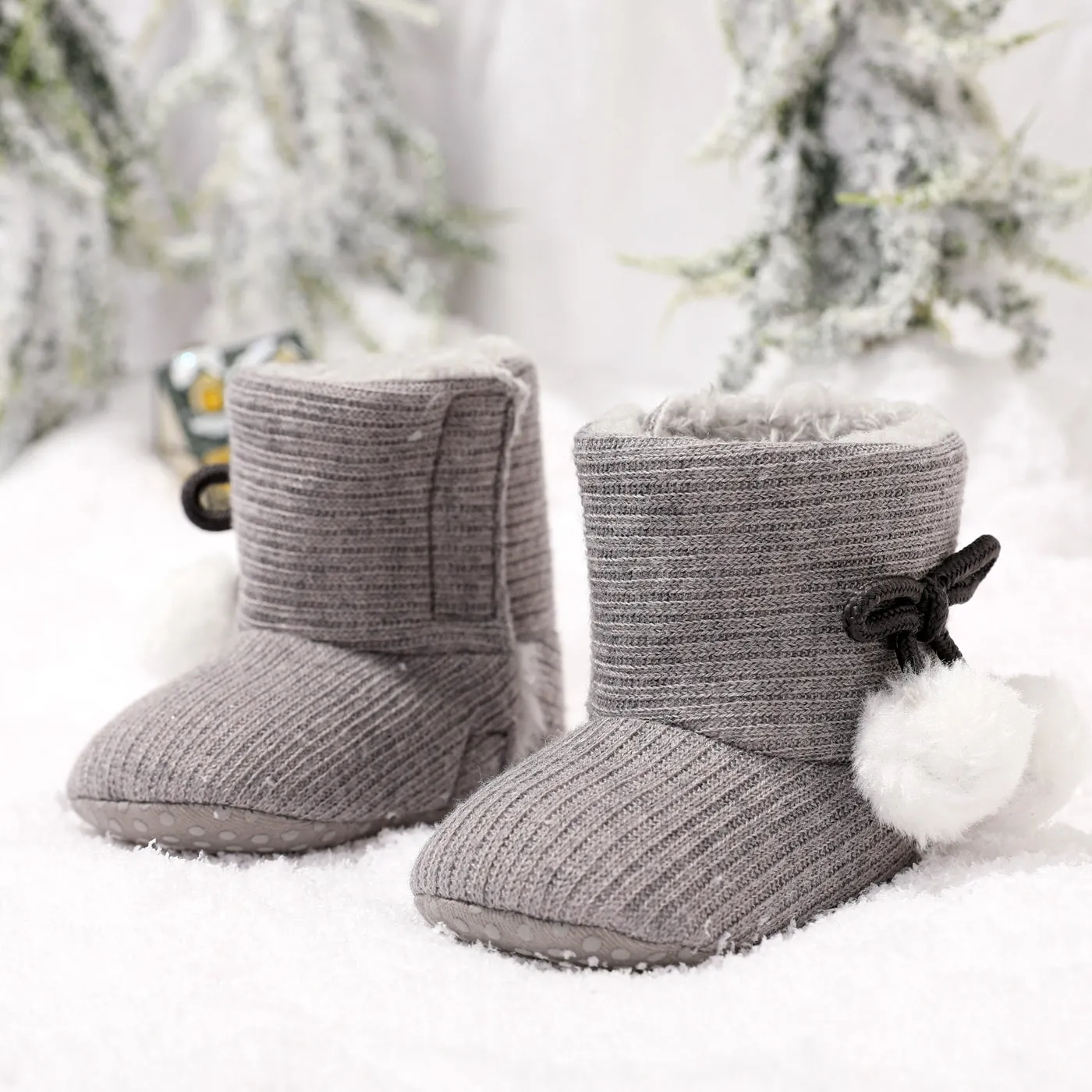 Baby / Toddler Girl Knitted Bowknot Fluff Ball Fleece-lining Prewalker Shoes